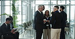 Conference, break and business people with coffee in conversation for networking, chat and refreshment. Corporate, convention and employees with beverage for connection, opportunity and discussion