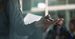 Business woman, hands and speaker with audience or team for corporate training, meeting or convention at office. Closeup of female person discussing company strategy or goals with group at conference