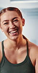 Face, happy and woman in gym, fitness and confident of routine in morning, workout and training. Club, healthy and portrait of person, exercise and commitment for muscle, proud and goal for sports