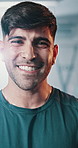 Gym, happy and face of man confidence in fitness, physical activity or exercise for sports commitment. Club dedication, portrait and personal trainer smile ready for hard work, training or workout