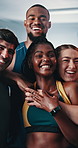 Gym people, face and friends smile for fitness, bodybuilding community or sport exercise dedication. Wellness, group portrait hug and bodybuilder happiness for training, workout or muscle building