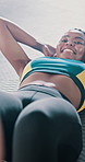 Black woman, athlete and sit ups for fitness at gym with breathing exercise, balance training or wellness. Smile, person and plank workout for strong stomach, endurance performance and core progress