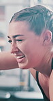 Tired, woman and battle rope for fitness at gym with power training, resilience workout or muscle exercise. Athlete, equipment and health for performance, cardio challenge and strong bodybuilding