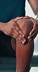 Black man, hands and fitness with knee injury, pain or ache from accident or muscle tension at gym. Closeup of active African or male person with sore leg, joint or sprain in fitness at health club