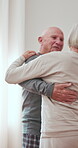 Dance, happy and elderly couple with love in home for bonding, support or connection in marriage. Smile, care and senior people with movement in house for commitment, loyalty or romance in retirement