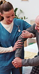 Helping, walking stick and senior man with nurse for rehabilitation, recovery or sickness. Assistance, healthcare and elderly man with disability in home with medical caregiver for support in illness