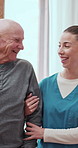 Walking, old man and patient with nurse, help and physical therapy for recovery, healing and balance. Caregiver, pensioner and medical with professional, wellness and expert in uniform with service