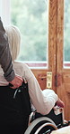 Wheelchair, window and senior couple in home for relaxing, rest and comfort with garden view. Retirement, marriage and elderly man with person with disability for thinking, reflection and bonding