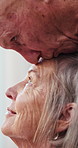 Elderly couple, sad and woman with support in thinking for mental health, care and grief in morning. Senior people, love and man with kiss on forehead for kindness, compassion and empathy in loss