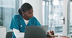 Black woman, laptop or notebook in office for healthcare, schedule or patient appointment confirmation. Doctor, specialist or tech in hospital for online booking platform, agenda or write in calendar
