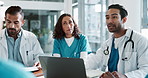 Solution, doctors and nurses in hospital for discussion, listening and planning for medical diagnosis. Teamwork, employees and surgery review in healthcare for treatment ideas, laptop and documents