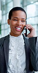 Office, business and black woman with phone call for talking, networking and negotiation with client. Career, sales person and communication with mobile for deal, listening and connect with contact