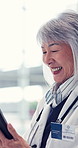 Doctor, hands and woman in clinic, tablet and typing with internet, connection and social media. Person, medical and closeup with professional, communication or digital app with results or happiness