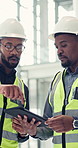 Engineering, men and business people with tablet, communication and inspection with protection. Safety, coworkers and employees with technology, internet and conversation for development and app