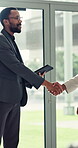 Business, men and welcome handshake in meeting for congratulations, target award and service achievement. Professional, employees and shaking hands in office for thank you, partnership and b2b deal