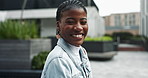 Walking, outdoor and black woman with smile, face and excited for sightseeing of houses and laughing. City, real estate and influencer with review, relax or happy for opportunity to explore in Canada