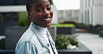 Face, African woman and talking for vlog outdoor with urban explore, local culture and networking as influencer. Smile, girl or communication for social media, streaming and discussion of city travel