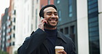 Man, phone call and city with travel, conversation or communication outdoors. Happy consultant, smile and business discussion with networking, work trip and smartphone on urban street with coffee