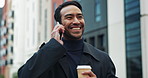 Man, phone call and city with deal, conversation or communication outdoors. Happy consultant, smile and business discussion with networking, work trip and smartphone on urban street with coffee