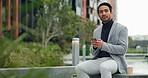 Business, Asian man and thinking outdoor with texting on smartphone for social media in New York. Male person, employee and smile on browsing internet for entertainment, networking and communication