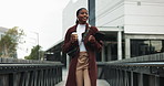 Black woman, phone and city walk with tablet, coffee break or travel outdoors. African consultant, smile and business research with networking, work trip and smartphone on urban street commute