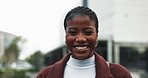 Face, smile and business black woman in street for travel, career and funny laugh outdoor. Portrait, happy and African professional entrepreneur in city for real estate, job or working in Los Angeles