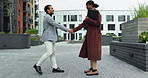 Professional, people and smile with handshake in city for introduction, greeting or welcome. Corporate, HR meeting and employees shaking hands at business park for job interview, respect or direction