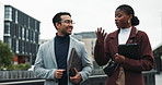 Outdoor, business and people on discussion with smile for teamwork and collaboration in New York. Partnership, coworker and happy on conversation as property developer for city development