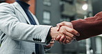 Corporate, business people and greeting with handshake in city for introduction, welcome and direction. Professional, HR meeting and employees shaking hands at office park for company job interview