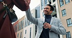 Business people, talking and high five for celebration outdoor with success, achievement or promotion. Professional, employees and victory in city for well done, partnership deal or happy on sidewalk