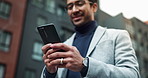 Business, Asian man and happy outdoor with browsing on smartphone for social media in New York. Male person, below and smile with searching internet for entertainment, networking and communication