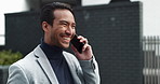 Outdoor, business and Asian man with happiness in phone call for communication and networking in New York. Male person, employee and smile or satisfied on conversation or consultation for real estate