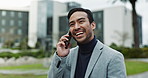 Outdoor, business and Asian man with smile in phone call for communication and networking in New York. Male person, employee and happy or satisfied on conversation or consultation for real estate