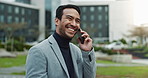 Outdoor, businessman and smile with phone call for communication and networking in New York. Male person, employee and happy or satisfied with on conversation for consultation as real estate agent