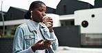 Black woman, phone or walking with drinking coffee or music in neighborhood for morning commute or travel. Professional, person or earphones in road for podcast, smartphone or song outdoor with smile