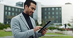 Outdoor, businessman and browsing tablet for internet with communication and networking in New York. Male person, employee and thinking as property developer with plans for city infrastructure