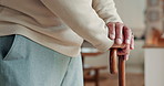 Hands, senior man and walking stick with Arthritis, elderly care or wellness for health. Pensioner, person with a disability and cane for age related illness, retirement home or rehabilitation clinic