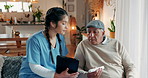 Caregiver, patient and tablet with pills for medicine schedule, consulting service and healthcare instruction. Woman, senior man and digital with drugs, prescription and Telehealth alert for healing