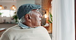 Senior man, thinking and wheelchair at house for nostalgia memory, partner loss and lonely retirement. Relax, mobility and person with disability, alzheimer and remember reflection  by lounge window