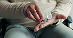 Senior man, pills and medication for daily dose for Arthritis, age related illness or chronic disease treatment. Elderly male person, pharma and retirement home in lounge for wellness or healthcare