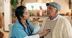 Stethoscope, nurse and empathy for checkup with kindness in nursing home for retirement. Elderly person, trust and senior care in medical with caregiver, volunteer or medic for wellness consultation