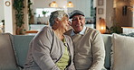 Old couple, laugh and face for conversation in home, support and speaking in lounge. Elderly people, husband portrait and funny humor for bonding in retirement, talking and joke for love in marriage