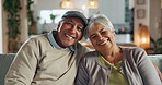 Old couple, face and hug in home to connect, commitment and love for comfort in lounge. Elderly people, couch embrace and romance in retirement portrait, security and bonding for trust in marriage