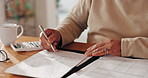 Hand, pen and elderly man with documents in contract for financial plan, insurance and bills. Calculator, retirement and senior guy with paper for healthcare debt, invoice and investment budgeting