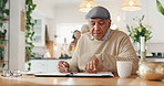 Home, elderly man and review with documents in contract for financial plan, insurance and bills. Information, retirement and senior people with paper for healthcare debt, invoice and budgeting