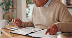 Hand, calculator and elderly man with contract in documents for financial plan, insurance and bills. Plan, retirement and senior guy with paper for healthcare debt, invoice and investment budgeting