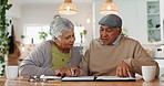 Home, review and elderly couple with documents in discussion for financial plan, insurance and bills. Calculator, retirement and senior people with paper for healthcare debt, invoice and budgeting