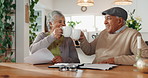 Home, coffee break and elderly couple with documents in discussion for financial plan, insurance and bills. Toast, retirement and senior people with paper for healthcare debt, invoice and budgeting