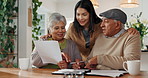 Home, family and elderly couple with documents in discussion for financial plan, insurance and bills. Woman, retirement and senior parents with paper for healthcare debt, invoice and budgeting