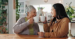 Elderly mother, daughter and coffee break as cheerful with care, bonding and gratitude. Senior person, woman and conversation in retirement home for wellness, weekly visit and support as happy family